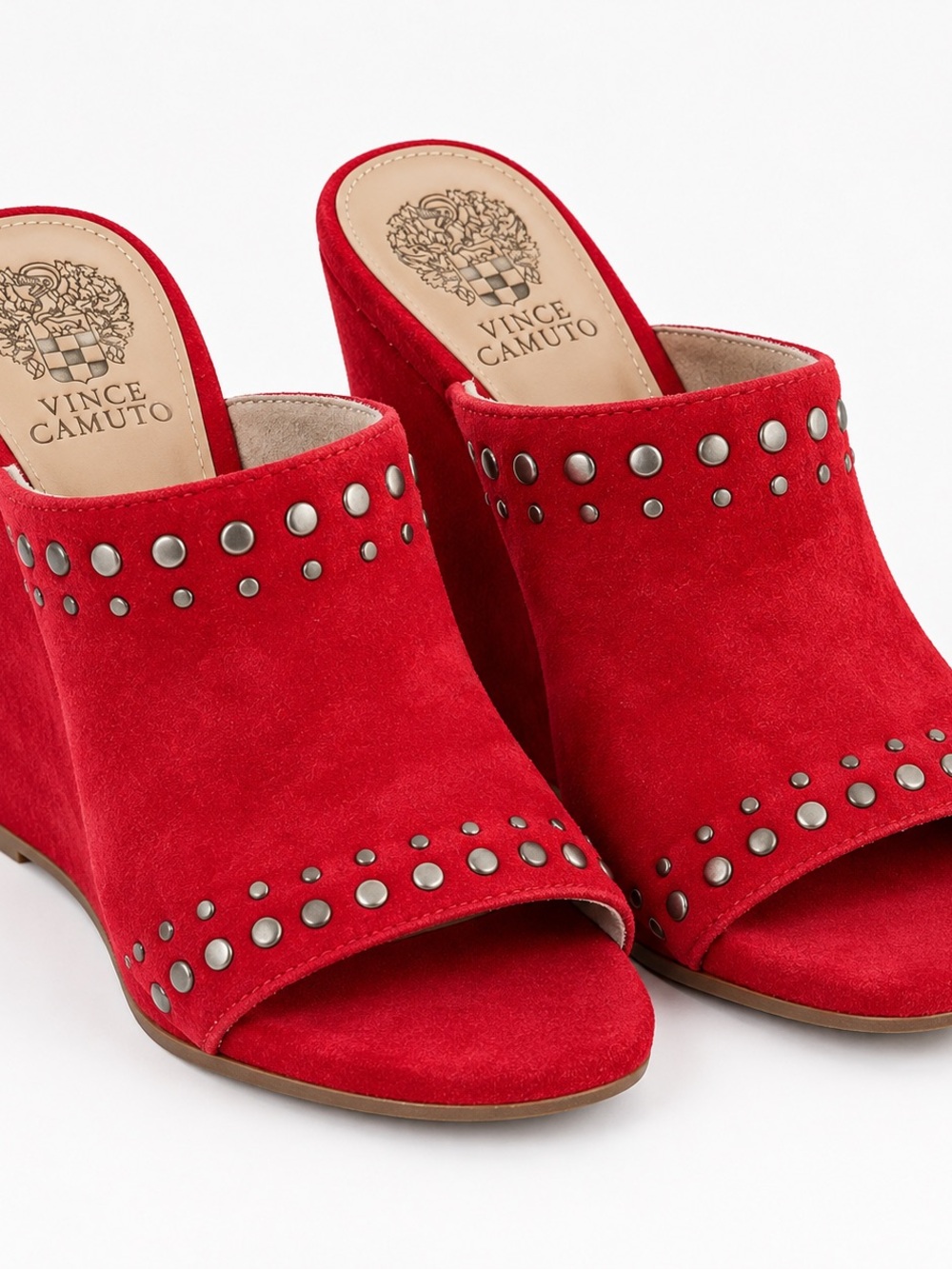 Vince Camuto Cherry Red Suede Studded Wedge Mule Sandals Size 7M